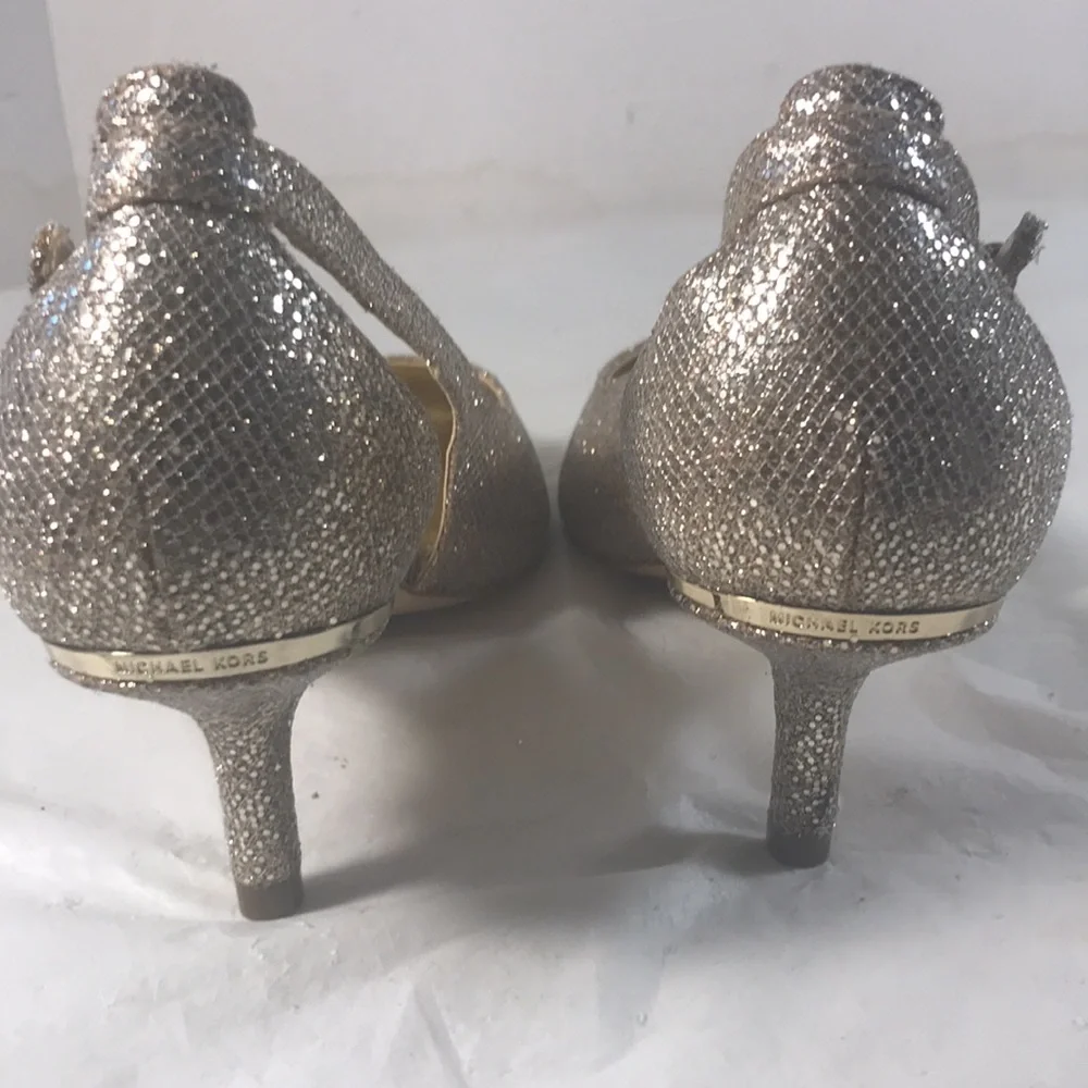 Michael Kors Elegant Sparkly Metallic Gold Women's Adjustable Kitten Heel Pumps